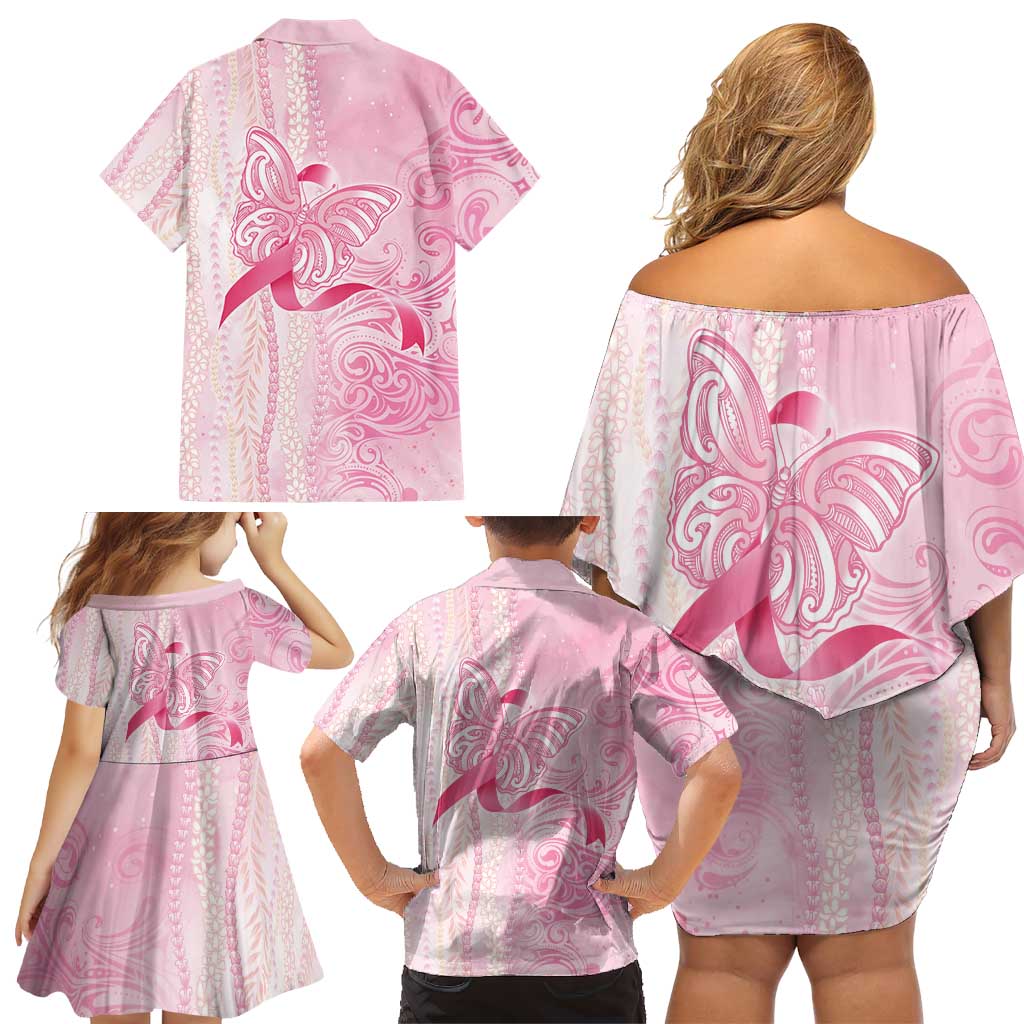 Breast Cancer Awareness Family Matching Off Shoulder Short Dress and Hawaiian Shirt Maile Pikake Lokelani Crown Flower Lei Inspired LT9 - Polynesian Pride