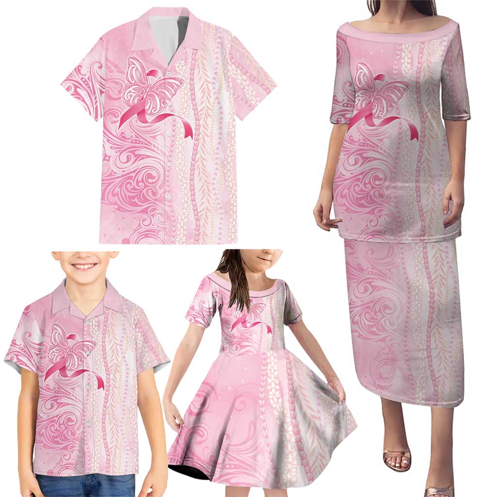 Breast Cancer Awareness Family Matching Puletasi and Hawaiian Shirt Maile Pikake Lokelani Crown Flower Lei Inspired LT9 - Polynesian Pride