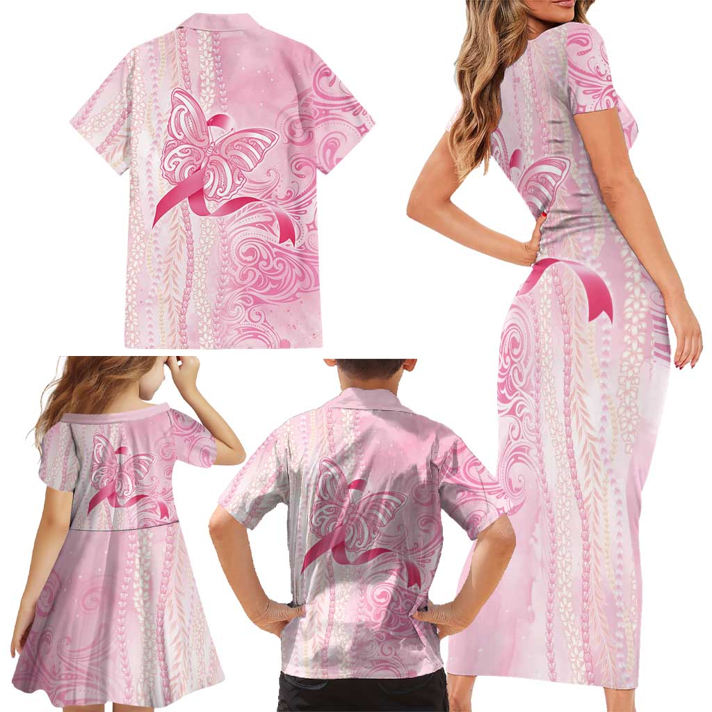 Breast Cancer Awareness Family Matching Short Sleeve Bodycon Dress and Hawaiian Shirt Maile Pikake Lokelani Crown Flower Lei Inspired LT9 - Polynesian Pride
