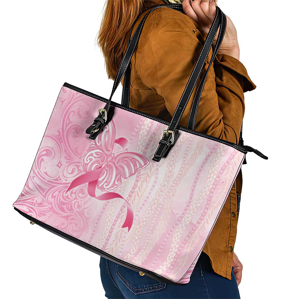Breast Cancer Awareness Leather Tote Bag Maile Pikake Lokelani Crown Flower Lei Inspired