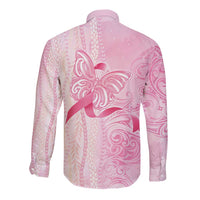 Breast Cancer Awareness Long Sleeve Button Shirt Maile Pikake Lokelani Crown Flower Lei Inspired