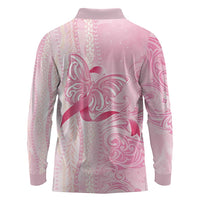 Breast Cancer Awareness Long Sleeve Polo Shirt Maile Pikake Lokelani Crown Flower Lei Inspired