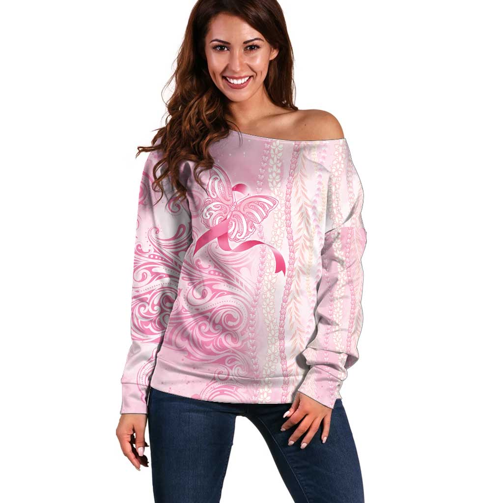 Breast Cancer Awareness Off Shoulder Sweater Maile Pikake Lokelani Crown Flower Lei Inspired