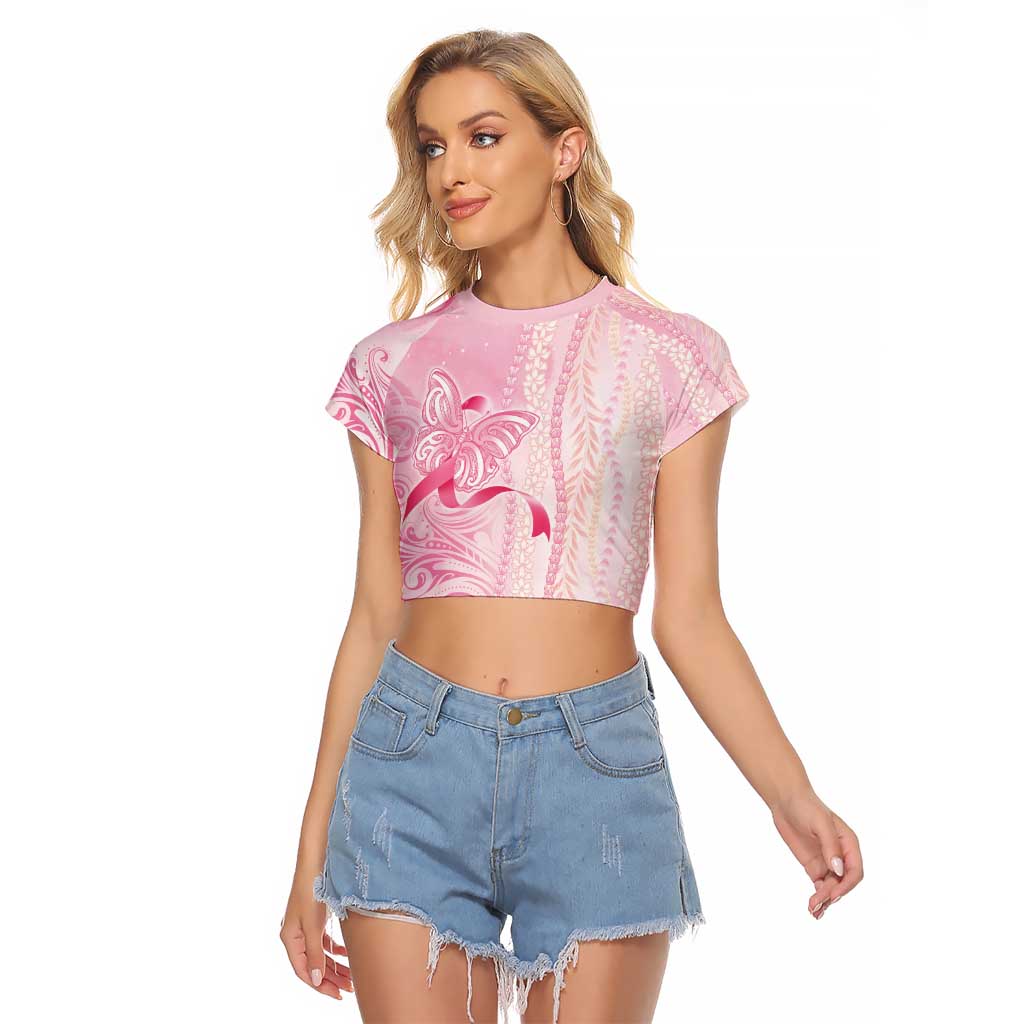 Breast Cancer Awareness Raglan Cropped T Shirt Maile Pikake Lokelani Crown Flower Lei Inspired