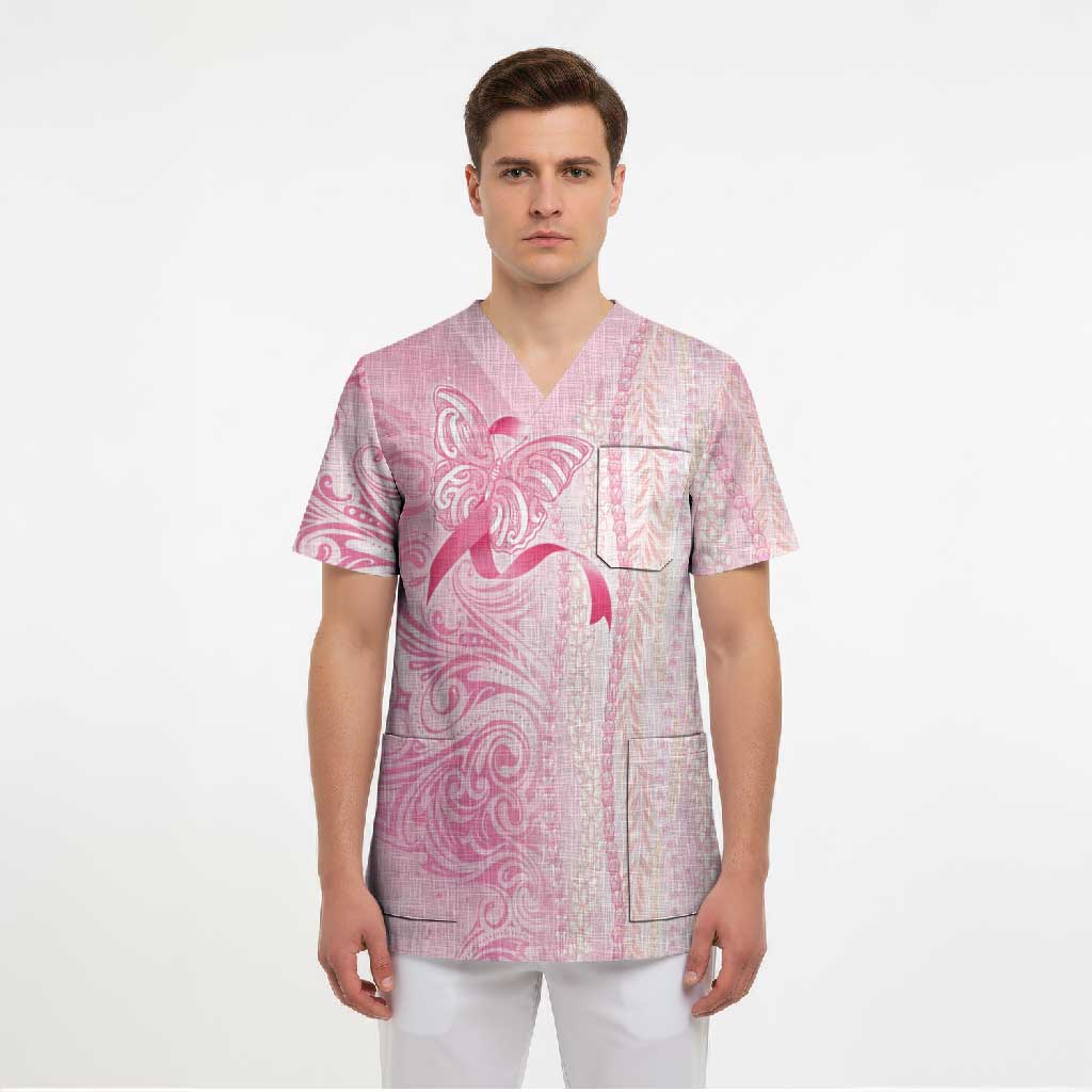 Breast Cancer Awareness Scrub Top Maile Pikake Lokelani Crown Flower Lei Inspired