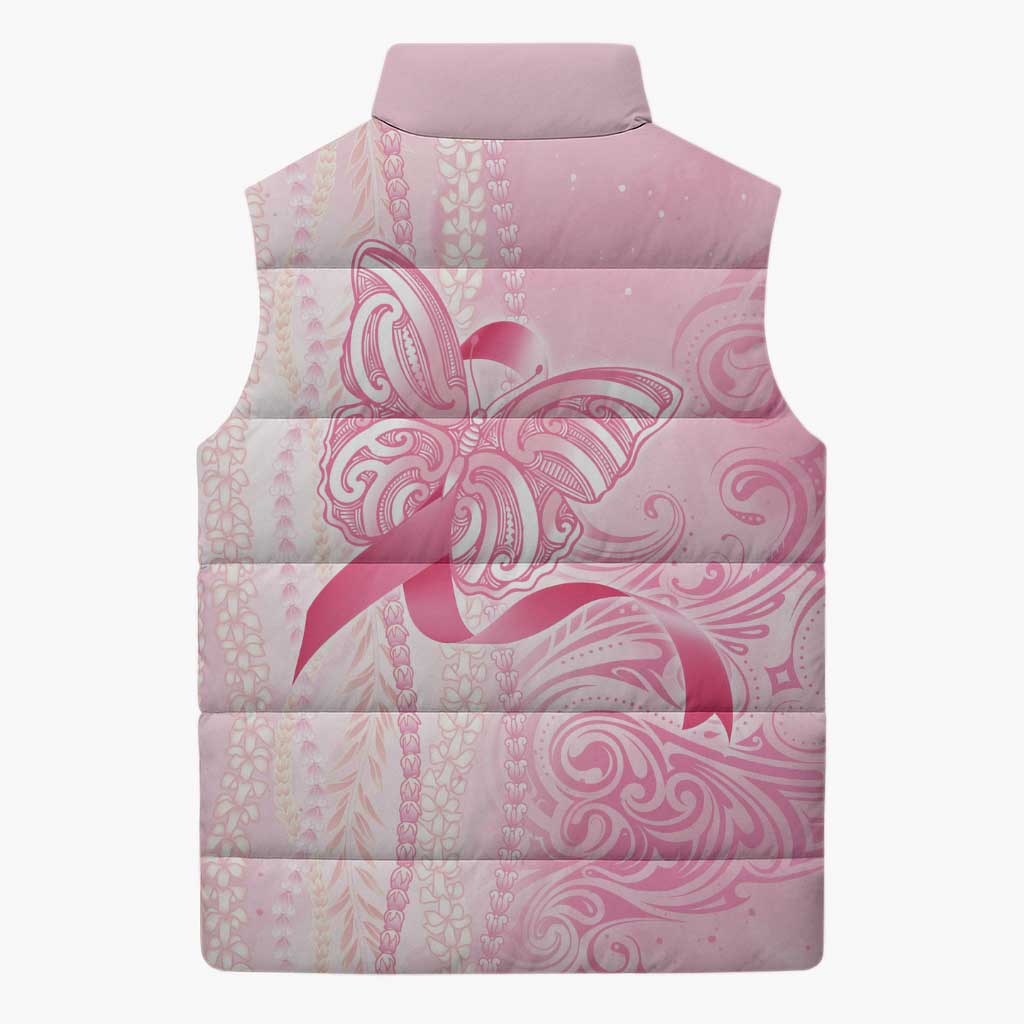 Breast Cancer Awareness Sleeveless Puffer Jacket Maile Pikake Lokelani Crown Flower Lei Inspired
