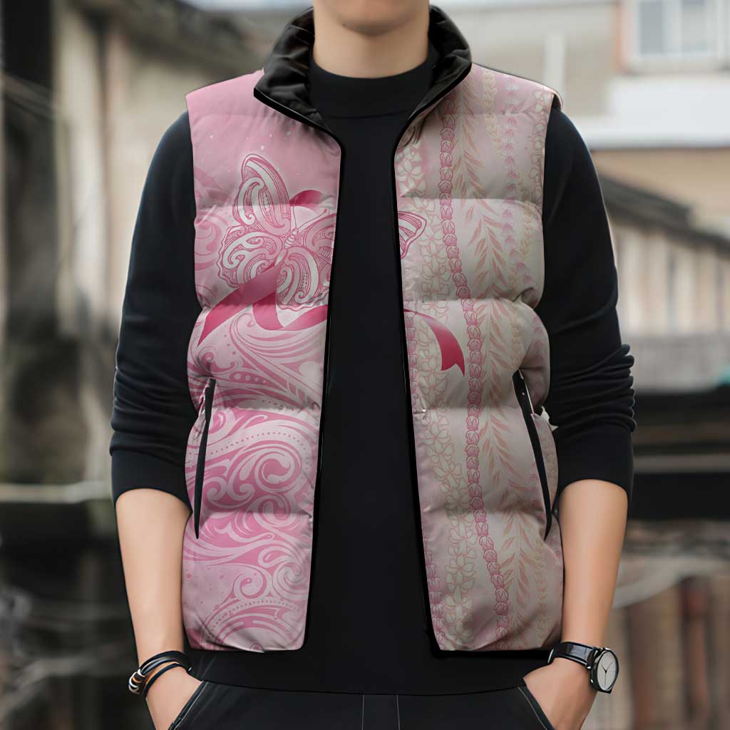 Breast Cancer Awareness Sleeveless Puffer Jacket Maile Pikake Lokelani Crown Flower Lei Inspired