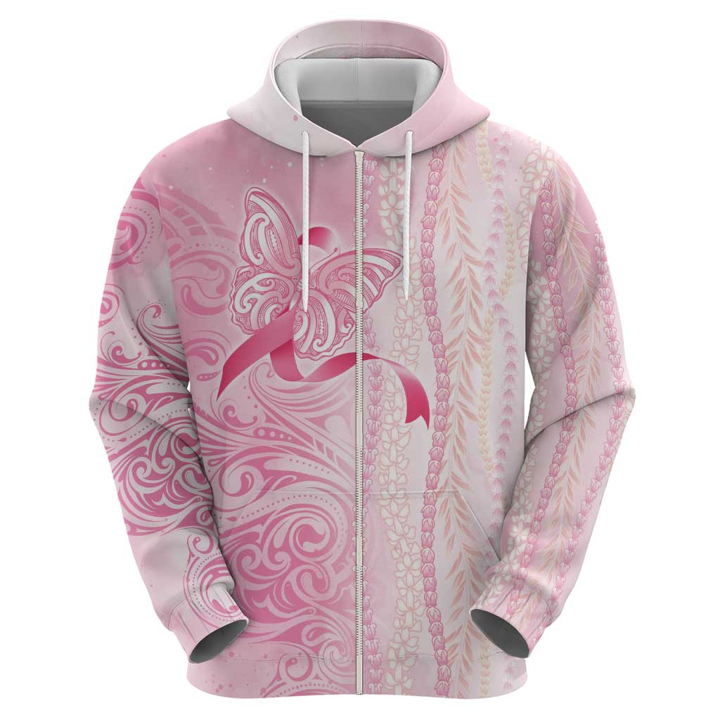 Breast Cancer Awareness Zip Hoodie Maile Pikake Lokelani Crown Flower Lei Inspired