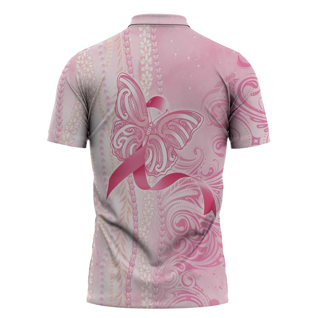 Breast Cancer Awareness Zipper Polo Shirt Maile Pikake Lokelani Crown Flower Lei Inspired