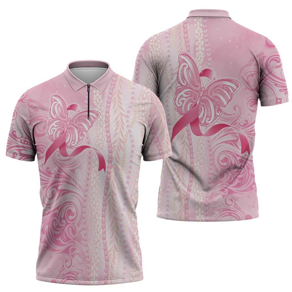 Breast Cancer Awareness Zipper Polo Shirt Maile Pikake Lokelani Crown Flower Lei Inspired