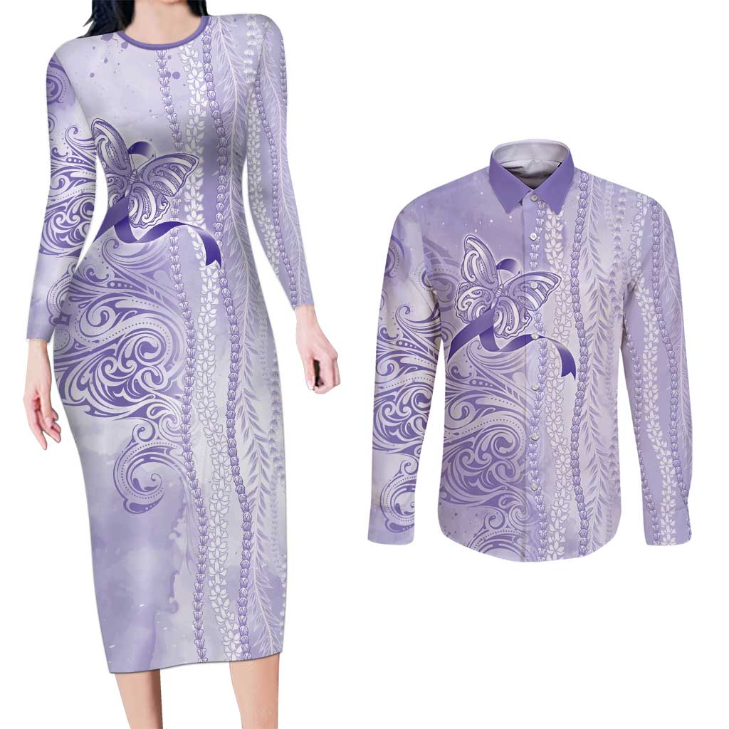 Epilepsy Awareness Couples Matching Long Sleeve Bodycon Dress and Long Sleeve Button Shirt Maile Pikake Lokelani Crown Flower Lei Inspired