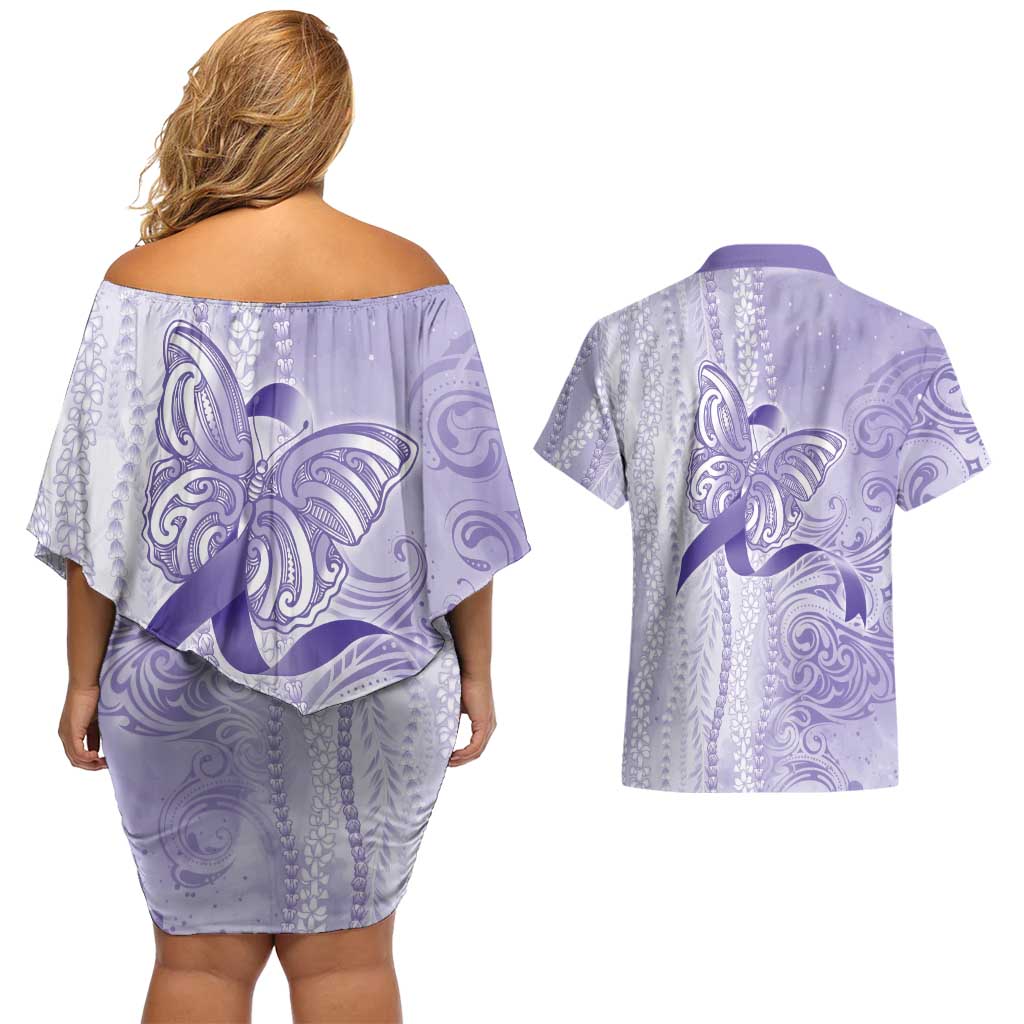 Epilepsy Awareness Couples Matching Off Shoulder Short Dress and Hawaiian Shirt Maile Pikake Lokelani Crown Flower Lei Inspired