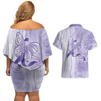 Epilepsy Awareness Couples Matching Off Shoulder Short Dress and Hawaiian Shirt Maile Pikake Lokelani Crown Flower Lei Inspired