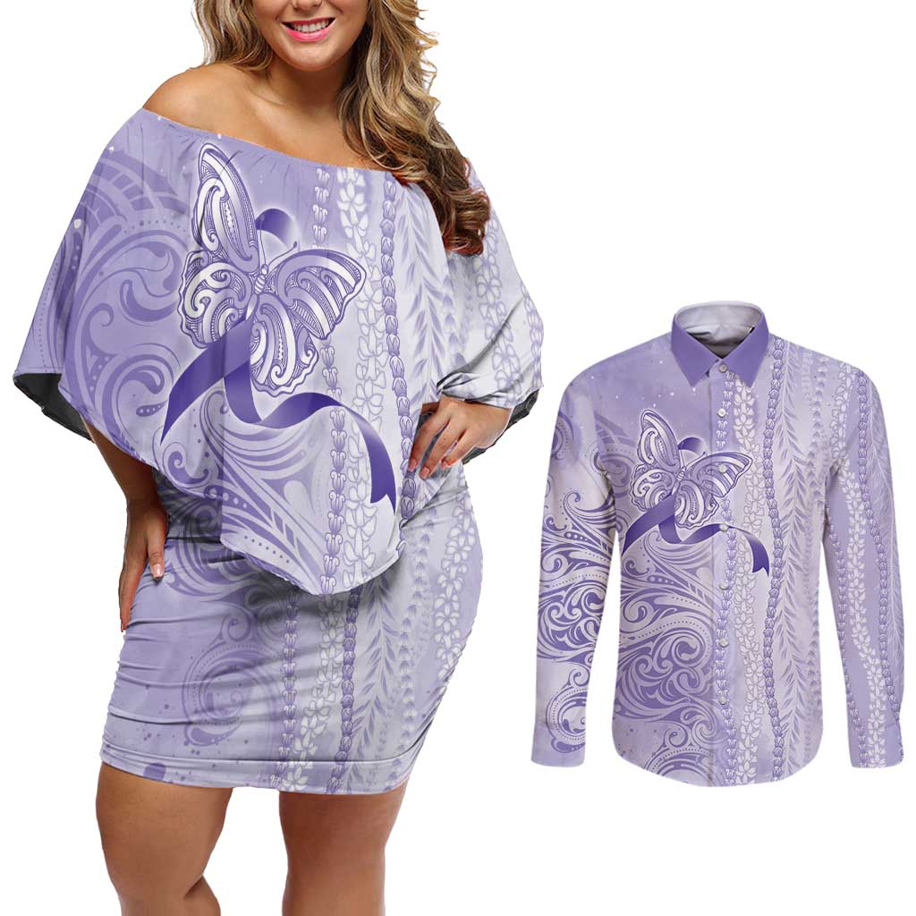 Epilepsy Awareness Couples Matching Off Shoulder Short Dress and Long Sleeve Button Shirt Maile Pikake Lokelani Crown Flower Lei Inspired