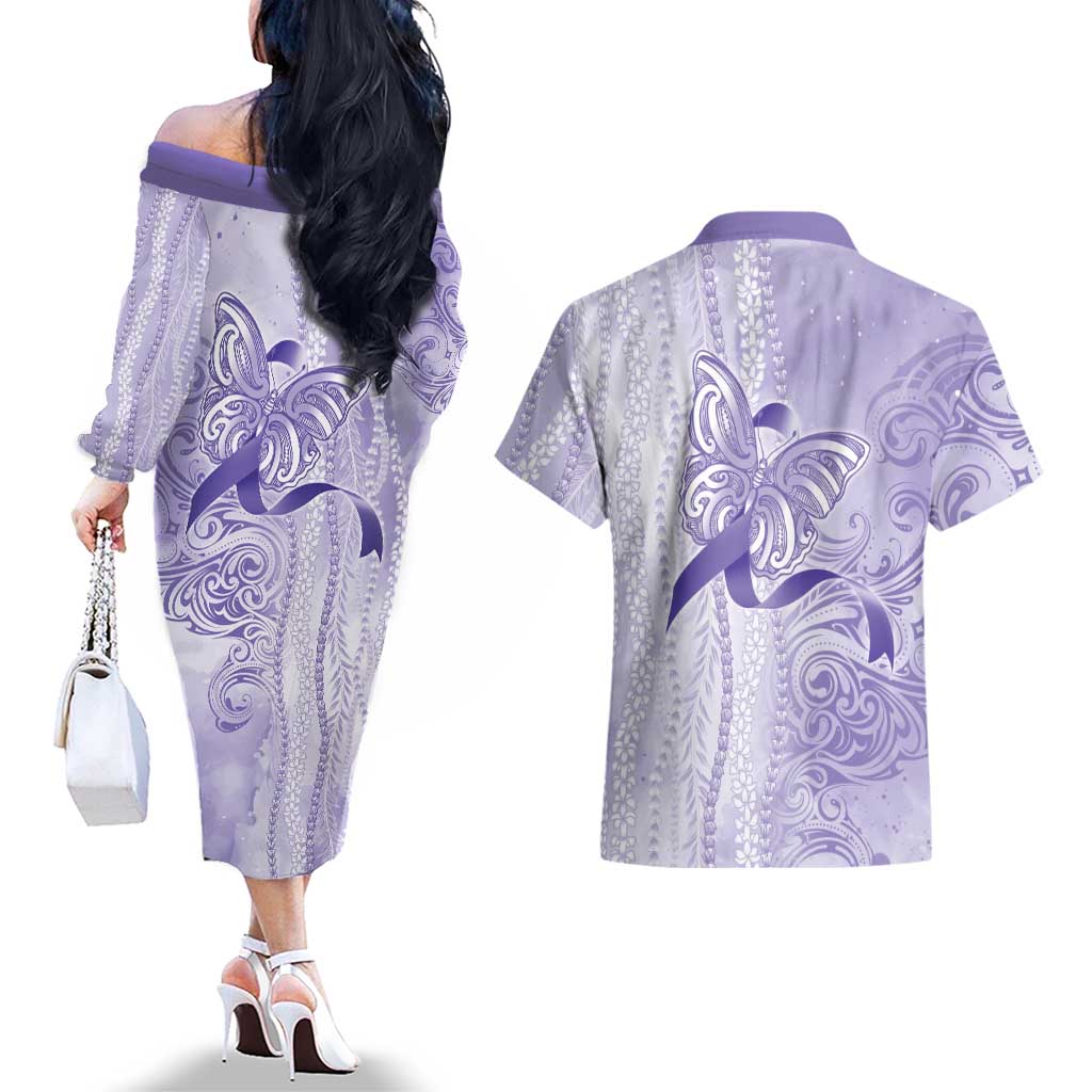 Epilepsy Awareness Couples Matching Off The Shoulder Long Sleeve Dress and Hawaiian Shirt Maile Pikake Lokelani Crown Flower Lei Inspired LT9 - Polynesian Pride