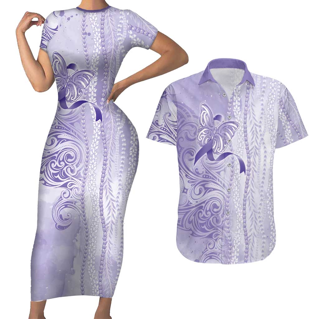 Epilepsy Awareness Couples Matching Short Sleeve Bodycon Dress and Hawaiian Shirt Maile Pikake Lokelani Crown Flower Lei Inspired LT9 Purple - Polynesian Pride