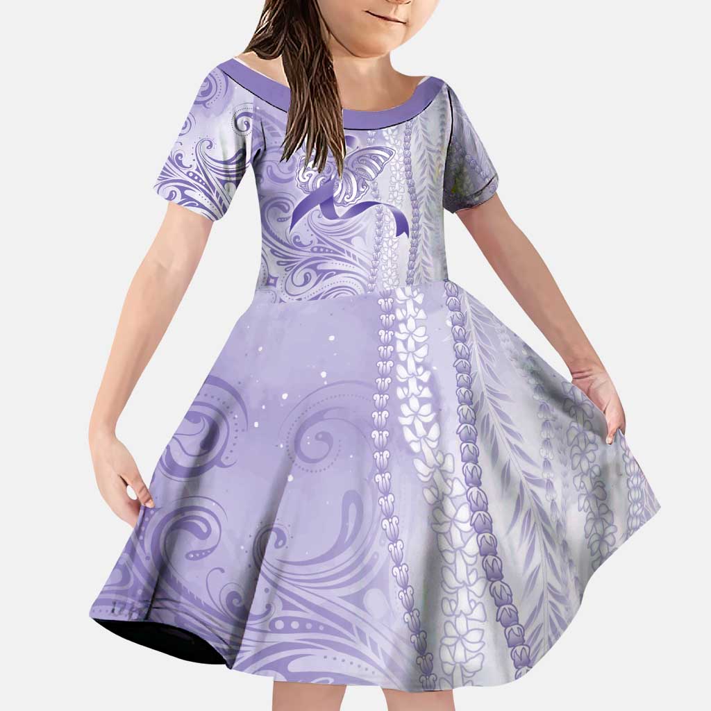 Epilepsy Awareness Family Matching Off The Shoulder Long Sleeve Dress and Hawaiian Shirt Maile Pikake Lokelani Crown Flower Lei Inspired LT9 Daughter's Dress Purple - Polynesian Pride