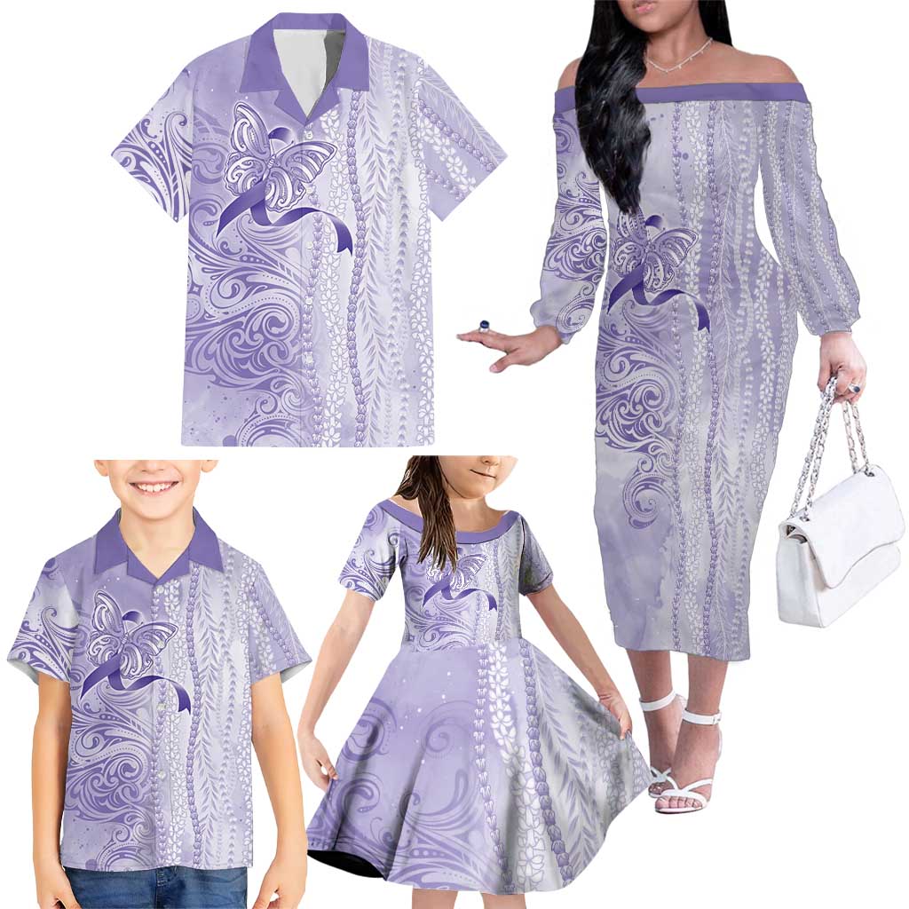 Epilepsy Awareness Family Matching Off The Shoulder Long Sleeve Dress and Hawaiian Shirt Maile Pikake Lokelani Crown Flower Lei Inspired