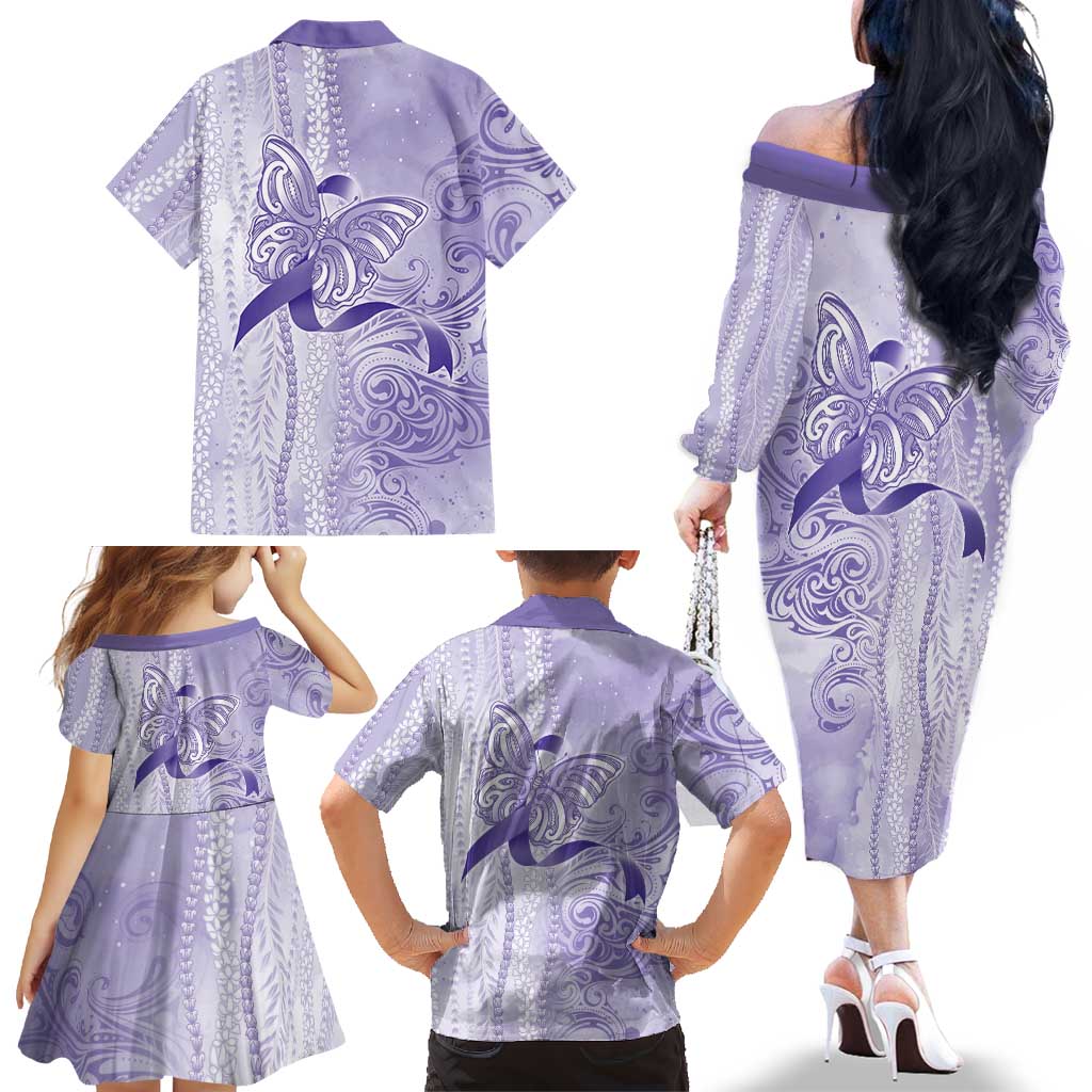 Epilepsy Awareness Family Matching Off The Shoulder Long Sleeve Dress and Hawaiian Shirt Maile Pikake Lokelani Crown Flower Lei Inspired LT9 - Polynesian Pride