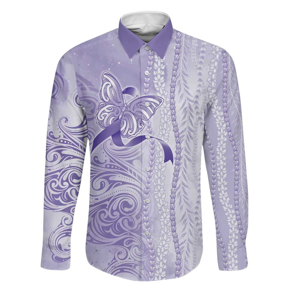 Epilepsy Awareness Family Matching Puletasi and Hawaiian Shirt Maile Pikake Lokelani Crown Flower Lei Inspired LT9 Dad's Shirt - Long Sleeve Purple - Polynesian Pride