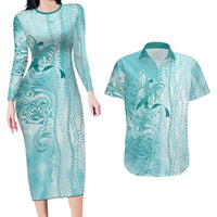 PTSD Awareness Couples Matching Long Sleeve Bodycon Dress and Hawaiian Shirt Maile Pikake Lokelani Crown Flower Lei Inspired LT9 Teal - Polynesian Pride