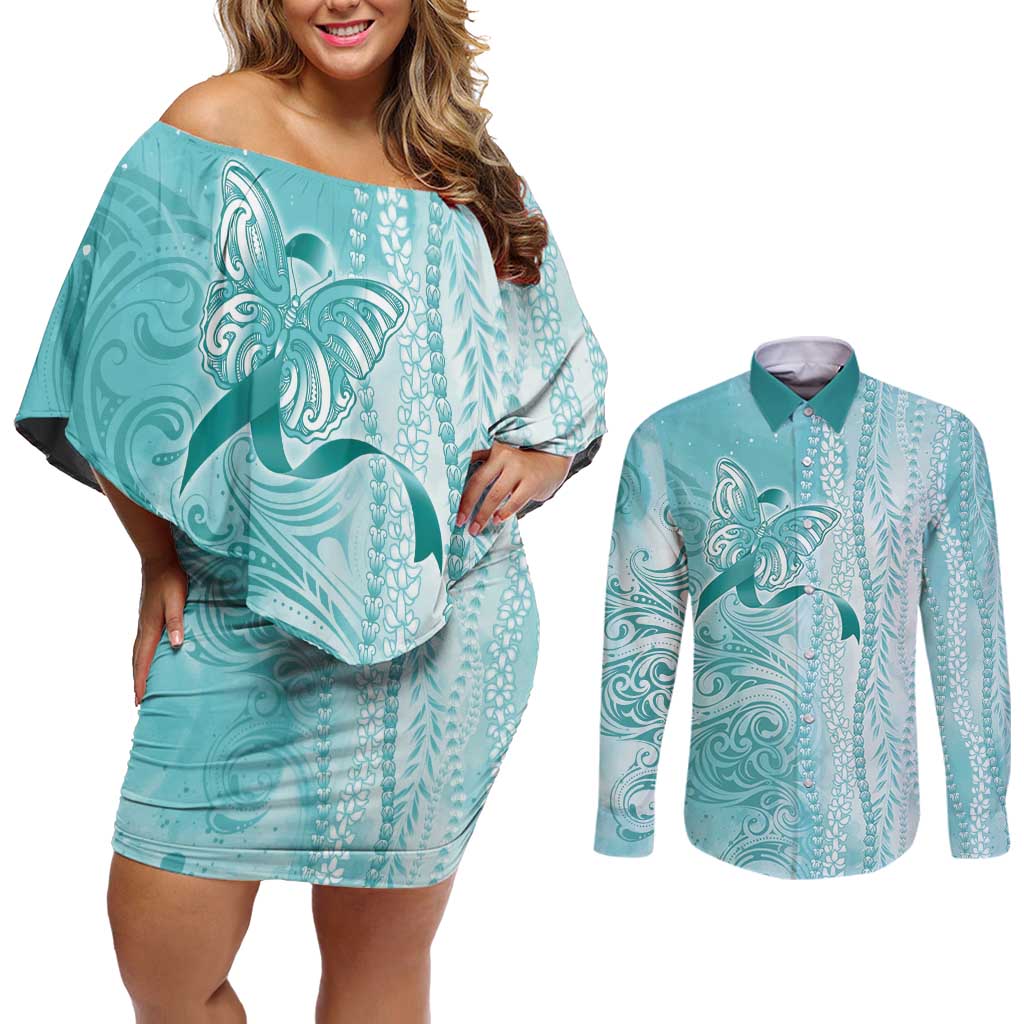 PTSD Awareness Couples Matching Off Shoulder Short Dress and Long Sleeve Button Shirt Maile Pikake Lokelani Crown Flower Lei Inspired