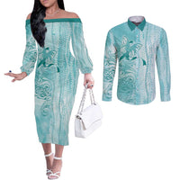 PTSD Awareness Couples Matching Off The Shoulder Long Sleeve Dress and Long Sleeve Button Shirt Maile Pikake Lokelani Crown Flower Lei Inspired LT9 Teal - Polynesian Pride