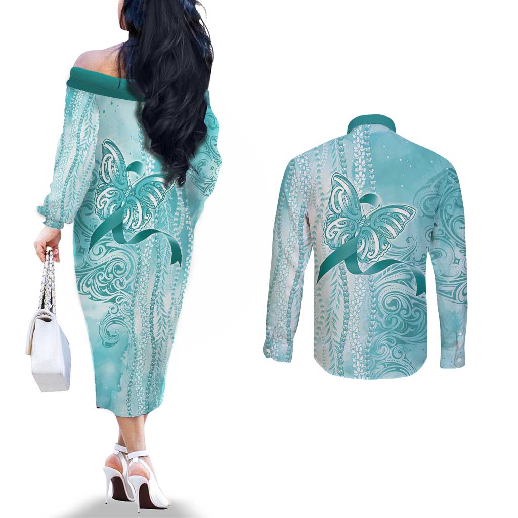 PTSD Awareness Couples Matching Off The Shoulder Long Sleeve Dress and Long Sleeve Button Shirt Maile Pikake Lokelani Crown Flower Lei Inspired LT9 - Polynesian Pride