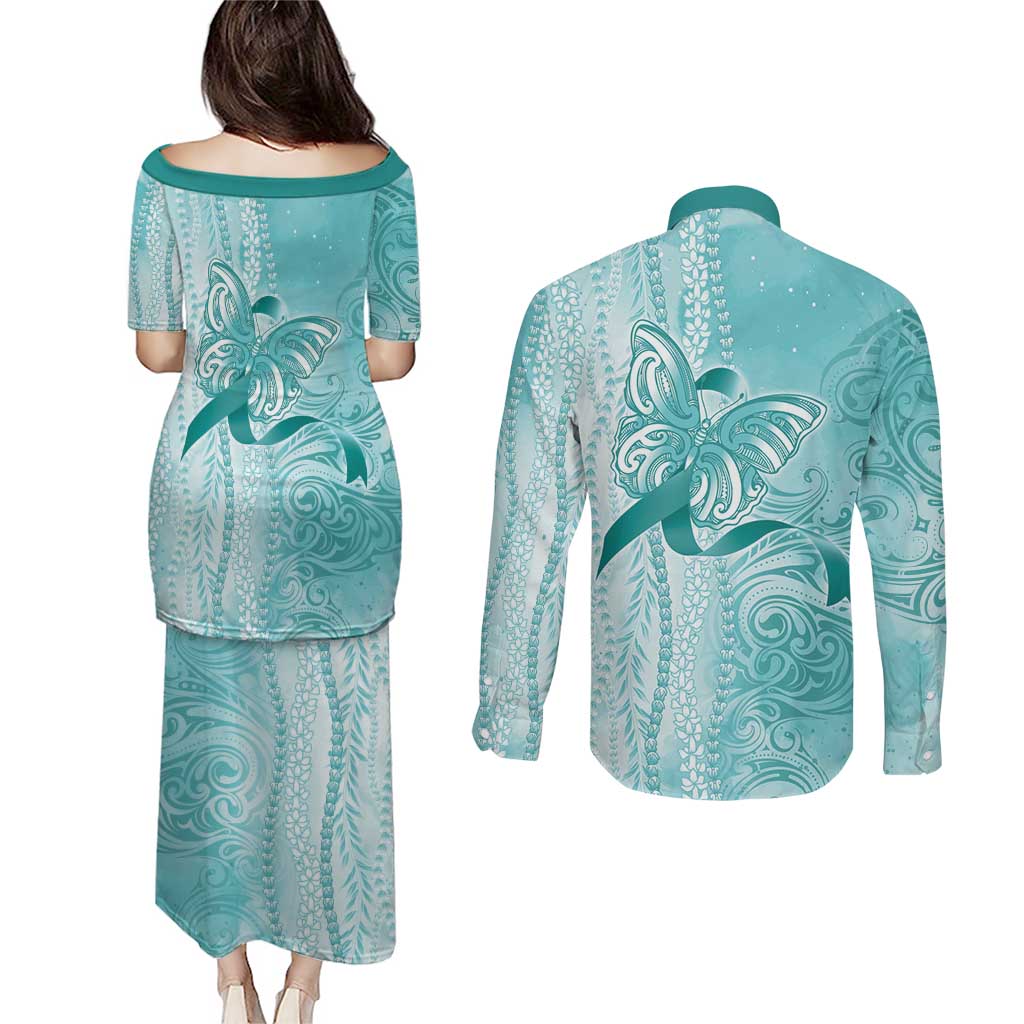 PTSD Awareness Couples Matching Puletasi and Long Sleeve Button Shirt Maile Pikake Lokelani Crown Flower Lei Inspired