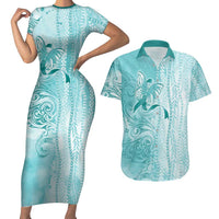 PTSD Awareness Couples Matching Short Sleeve Bodycon Dress and Hawaiian Shirt Maile Pikake Lokelani Crown Flower Lei Inspired LT9 Teal - Polynesian Pride