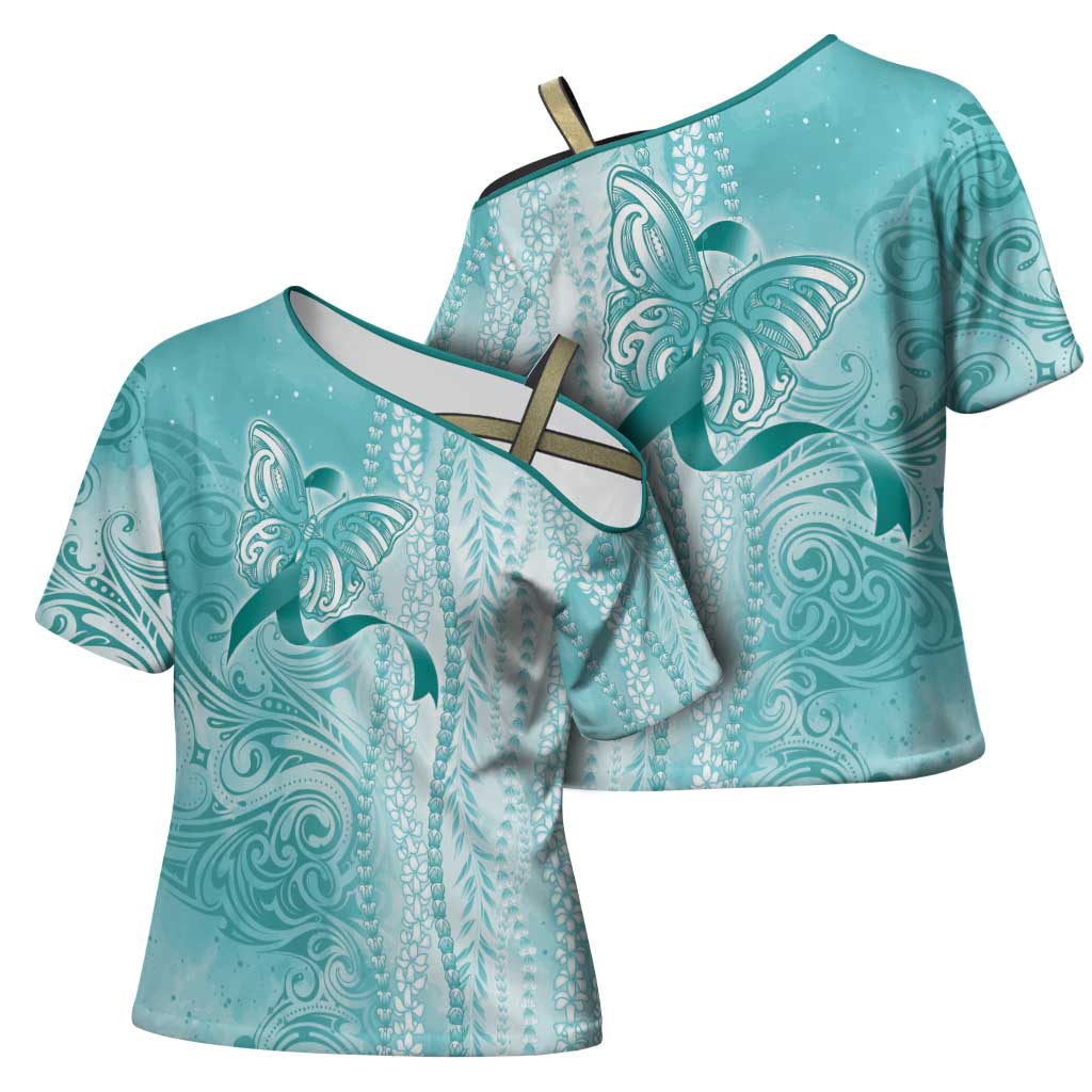 PTSD Awareness Cross Shoulder Shirt Maile Pikake Lokelani Crown Flower Lei Inspired