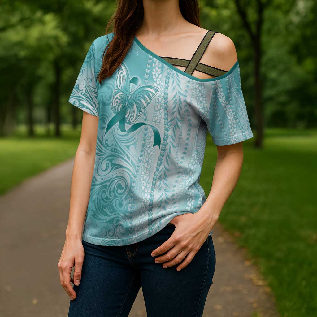 PTSD Awareness Cross Shoulder Shirt Maile Pikake Lokelani Crown Flower Lei Inspired