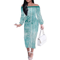PTSD Awareness Family Matching Off The Shoulder Long Sleeve Dress and Hawaiian Shirt Maile Pikake Lokelani Crown Flower Lei Inspired LT9 Mom's Dress Teal - Polynesian Pride