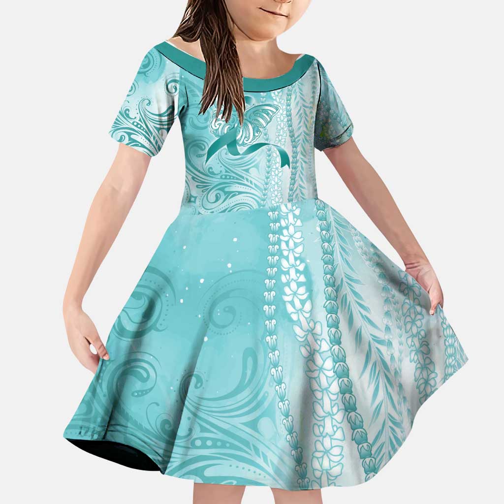 PTSD Awareness Family Matching Off Shoulder Short Dress and Hawaiian Shirt Maile Pikake Lokelani Crown Flower Lei Inspired LT9 Daughter's Dress Teal - Polynesian Pride