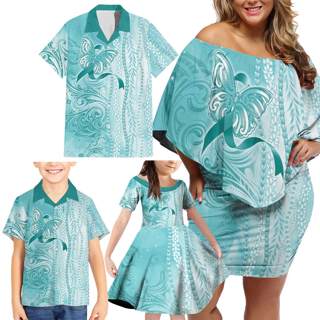 PTSD Awareness Family Matching Off Shoulder Short Dress and Hawaiian Shirt Maile Pikake Lokelani Crown Flower Lei Inspired