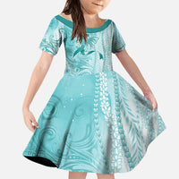 PTSD Awareness Family Matching Summer Maxi Dress and Hawaiian Shirt Maile Pikake Lokelani Crown Flower Lei Inspired LT9 Daughter's Dress Teal - Polynesian Pride