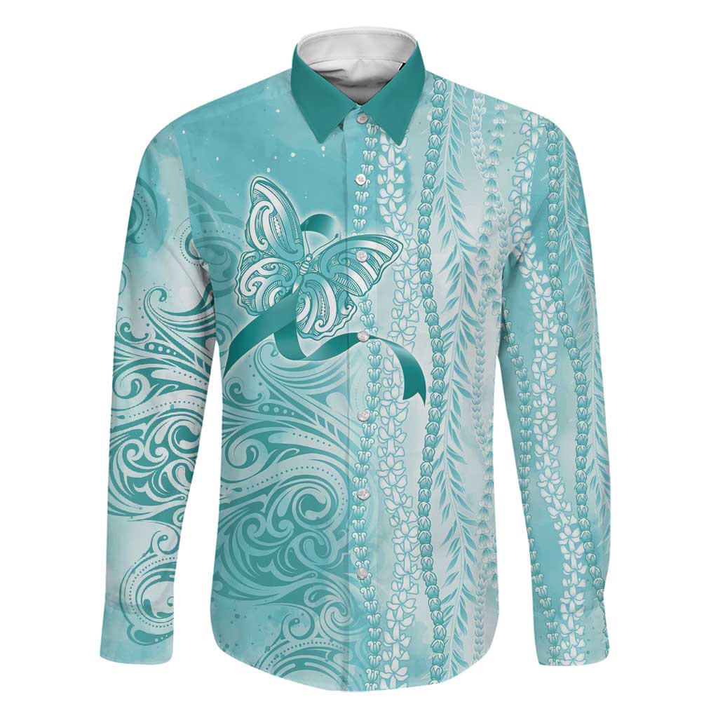 PTSD Awareness Family Matching Summer Maxi Dress and Hawaiian Shirt Maile Pikake Lokelani Crown Flower Lei Inspired LT9 Dad's Shirt - Long Sleeve Teal - Polynesian Pride