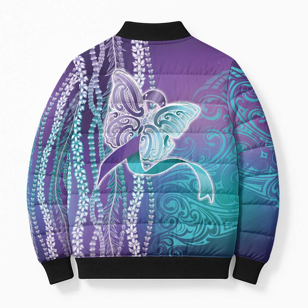 Suicide Prevention Awareness Bomber Puffer Jacket Maile Pikake Lokelani Crown Flower Lei Inspired