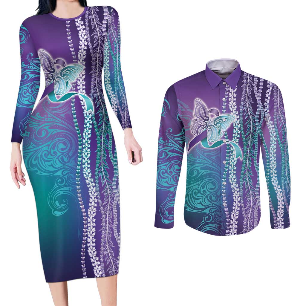 Suicide Prevention Awareness Couples Matching Long Sleeve Bodycon Dress and Long Sleeve Button Shirt Maile Pikake Lokelani Crown Flower Lei Inspired LT9 Multicolor - Polynesian Pride