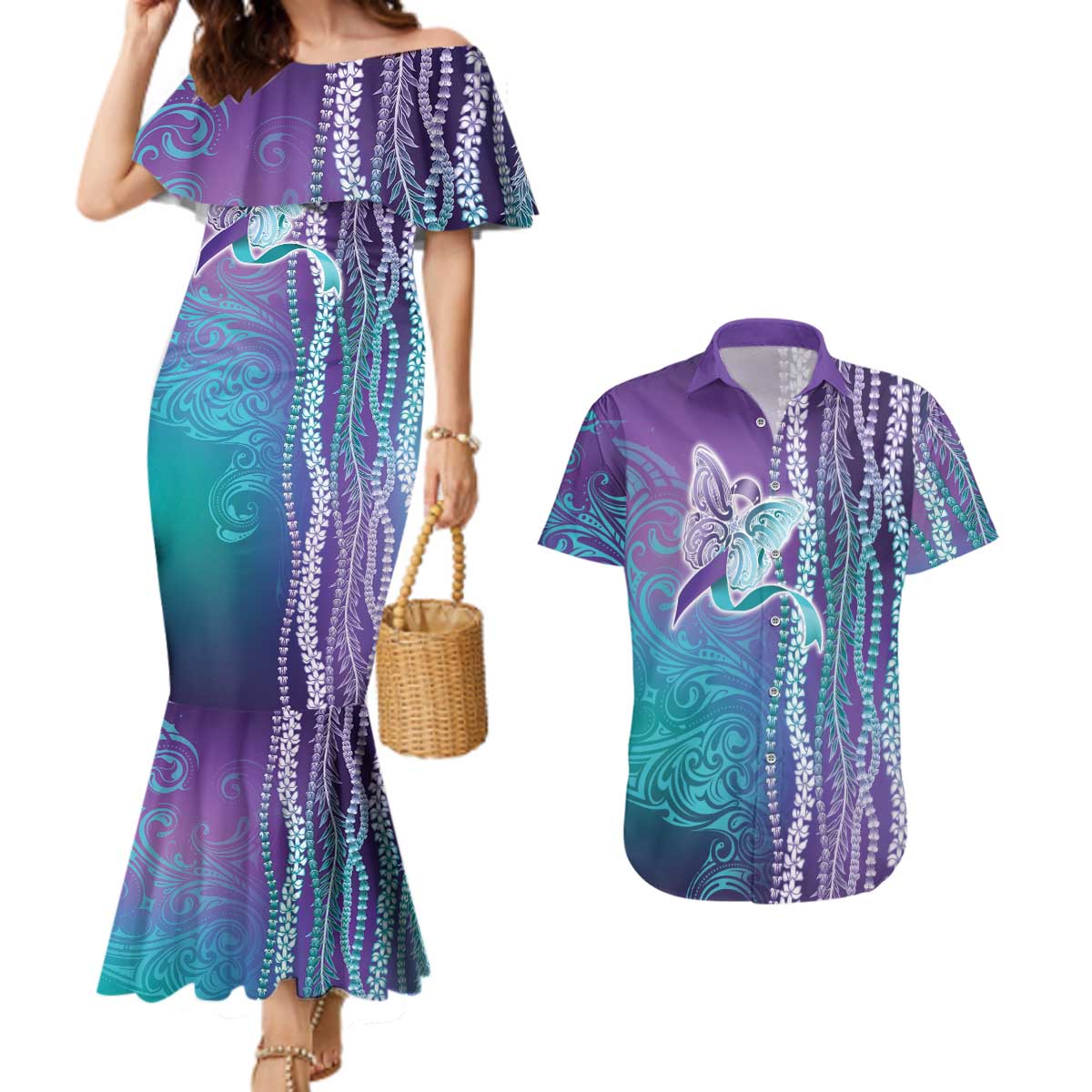 Suicide Prevention Awareness Couples Matching Mermaid Dress and Hawaiian Shirt Maile Pikake Lokelani Crown Flower Lei Inspired
