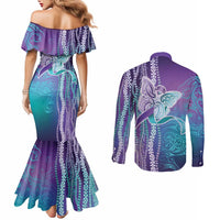 Suicide Prevention Awareness Couples Matching Mermaid Dress and Long Sleeve Button Shirt Maile Pikake Lokelani Crown Flower Lei Inspired LT9 - Polynesian Pride