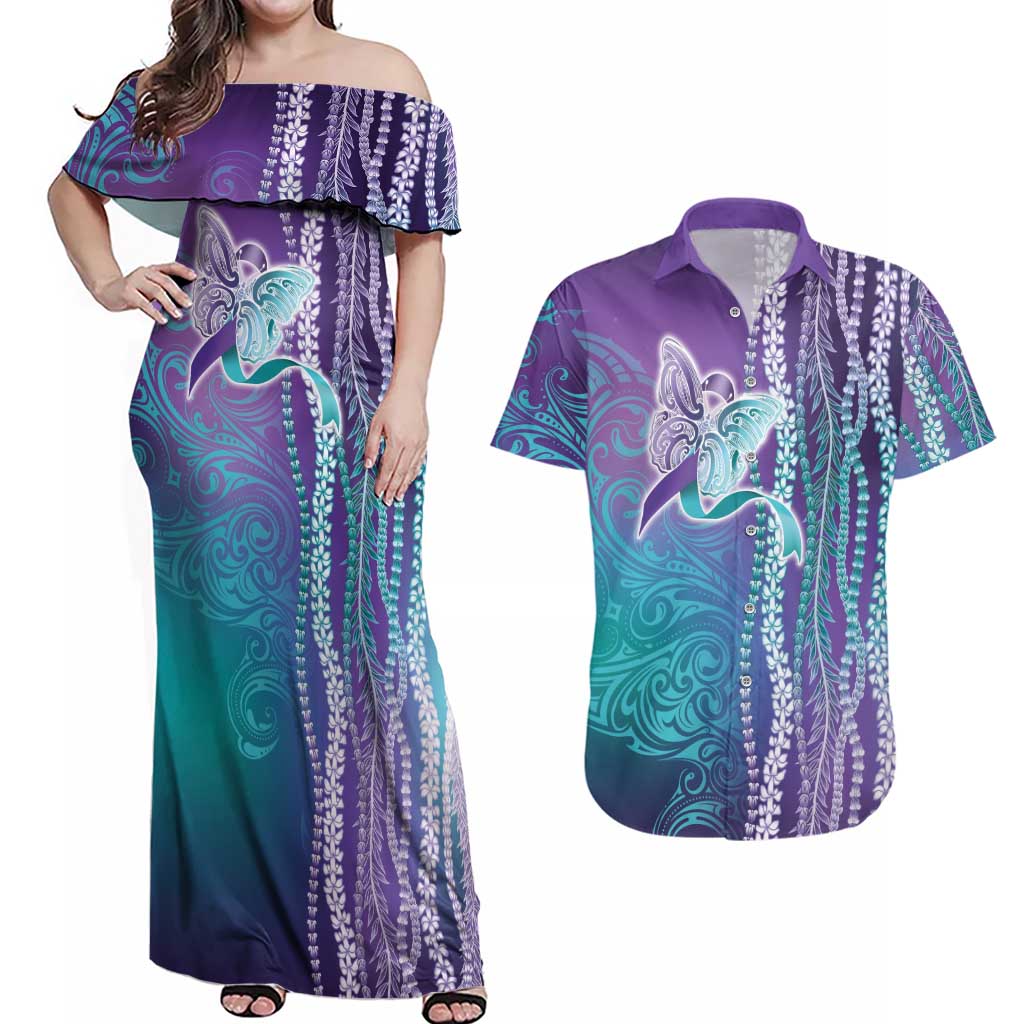 Suicide Prevention Awareness Couples Matching Off Shoulder Maxi Dress and Hawaiian Shirt Maile Pikake Lokelani Crown Flower Lei Inspired LT9 Multicolor - Polynesian Pride
