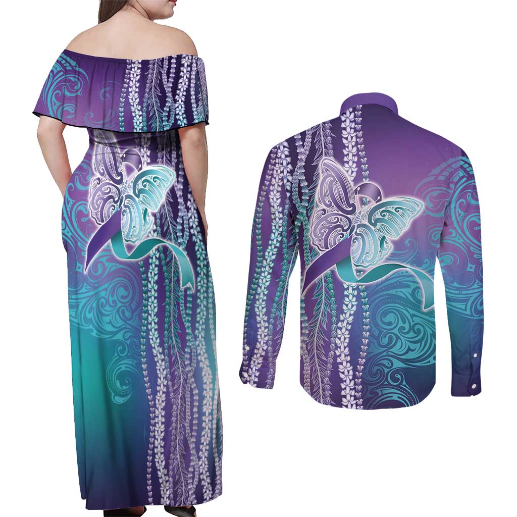 Suicide Prevention Awareness Couples Matching Off Shoulder Maxi Dress and Long Sleeve Button Shirt Maile Pikake Lokelani Crown Flower Lei Inspired