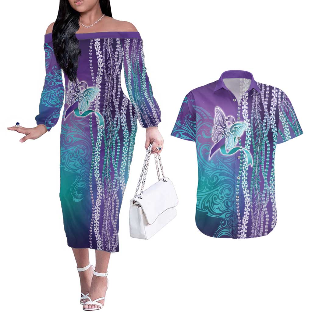 Suicide Prevention Awareness Couples Matching Off The Shoulder Long Sleeve Dress and Hawaiian Shirt Maile Pikake Lokelani Crown Flower Lei Inspired