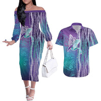 Suicide Prevention Awareness Couples Matching Off The Shoulder Long Sleeve Dress and Hawaiian Shirt Maile Pikake Lokelani Crown Flower Lei Inspired LT9 Multicolor - Polynesian Pride