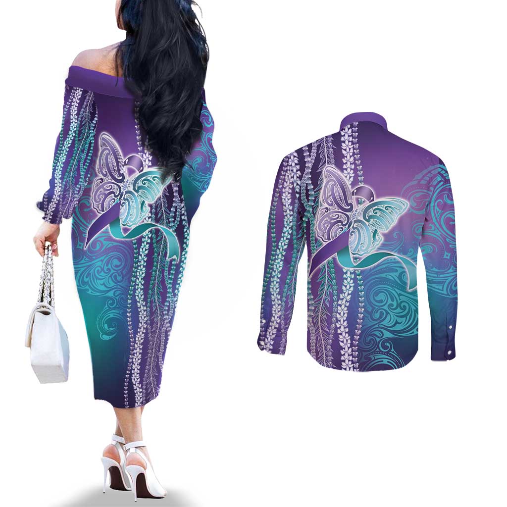 Suicide Prevention Awareness Couples Matching Off The Shoulder Long Sleeve Dress and Long Sleeve Button Shirt Maile Pikake Lokelani Crown Flower Lei Inspired LT9 - Polynesian Pride