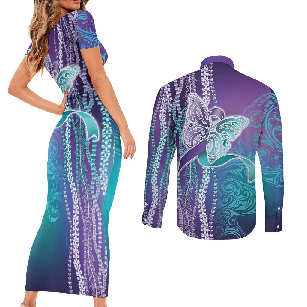 Suicide Prevention Awareness Couples Matching Short Sleeve Bodycon Dress and Long Sleeve Button Shirt Maile Pikake Lokelani Crown Flower Lei Inspired LT9 - Polynesian Pride