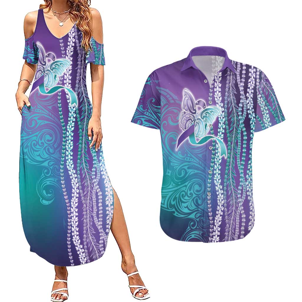 Suicide Prevention Awareness Couples Matching Summer Maxi Dress and Hawaiian Shirt Maile Pikake Lokelani Crown Flower Lei Inspired