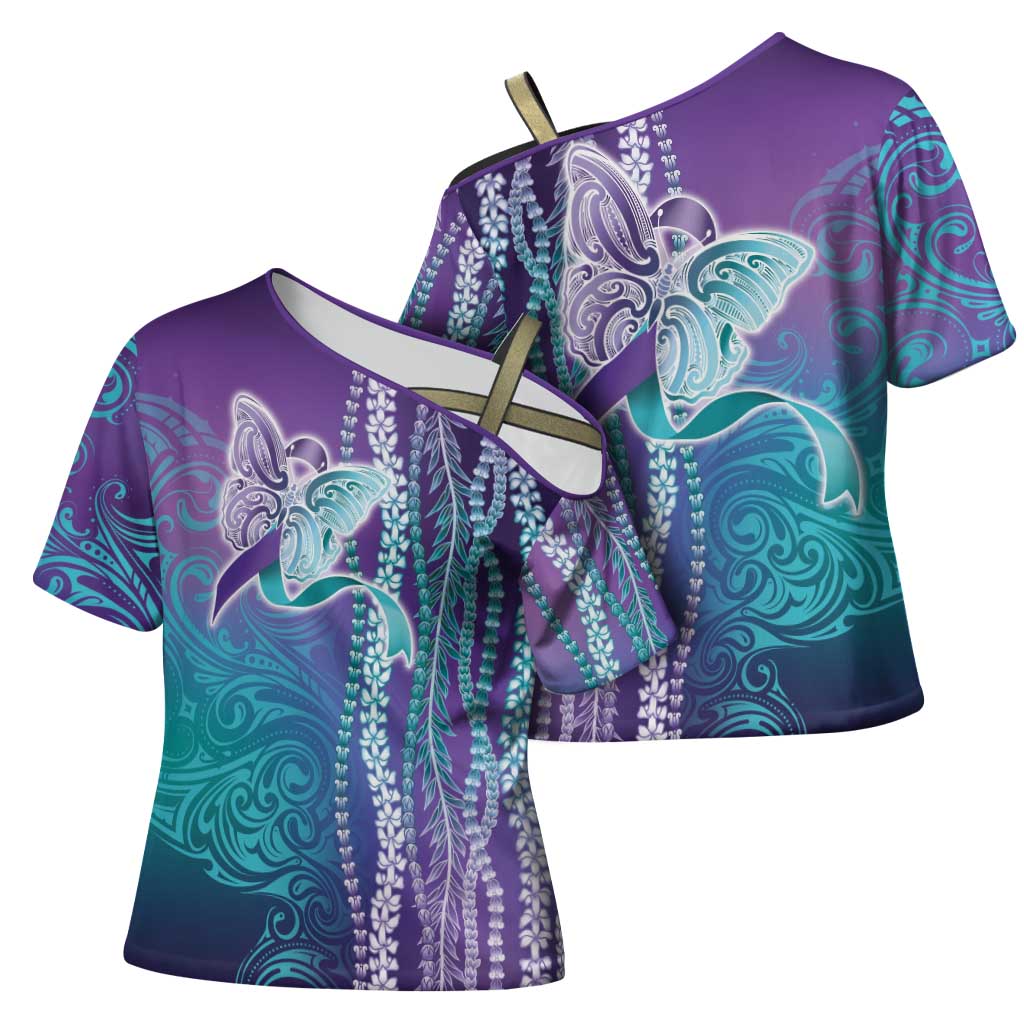 Suicide Prevention Awareness Cross Shoulder Shirt Maile Pikake Lokelani Crown Flower Lei Inspired