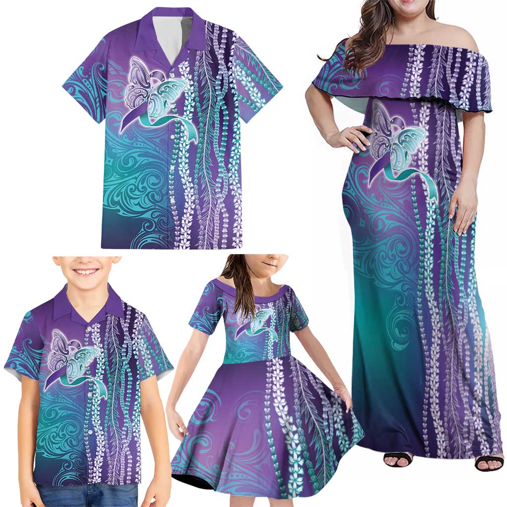 Suicide Prevention Awareness Family Matching Off Shoulder Maxi Dress and Hawaiian Shirt Maile Pikake Lokelani Crown Flower Lei Inspired